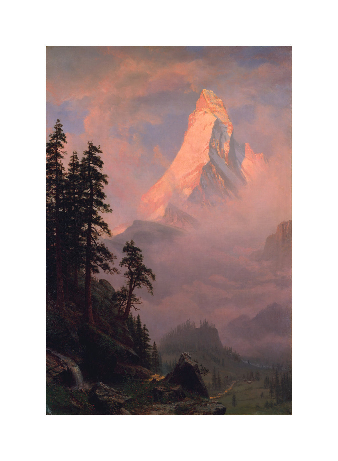 Albert Bierstadt Print, Sunrise on the Matterhorn with a white border for rolled canvas