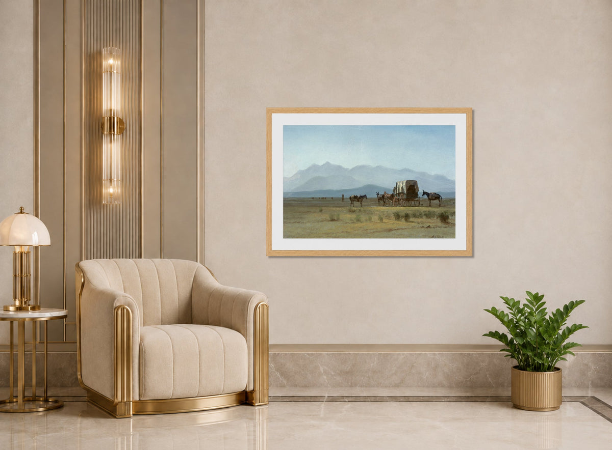 Albert Bierstadt Print, Surveyor’s Wagon in the Rockies displayed in an Art Deco interior