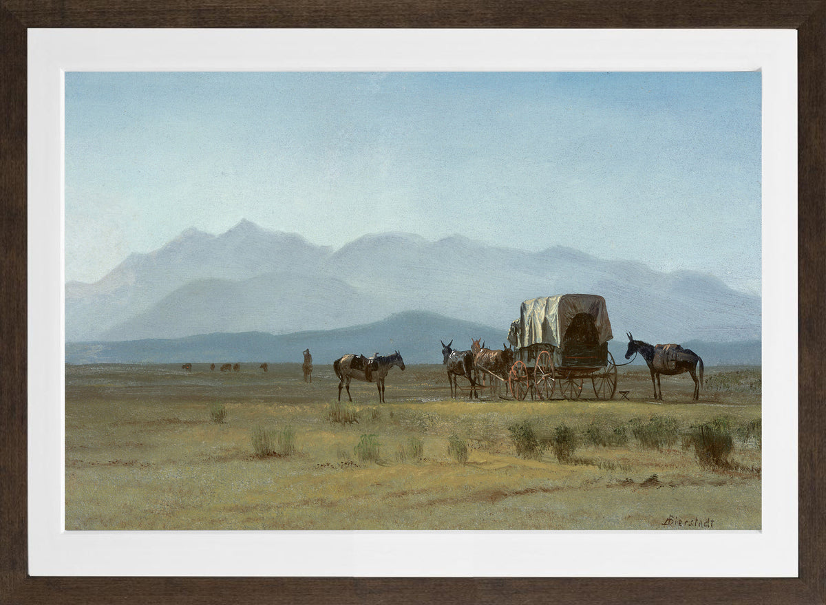 Albert Bierstadt Print, Surveyor’s Wagon in the Rockies in a brown frame