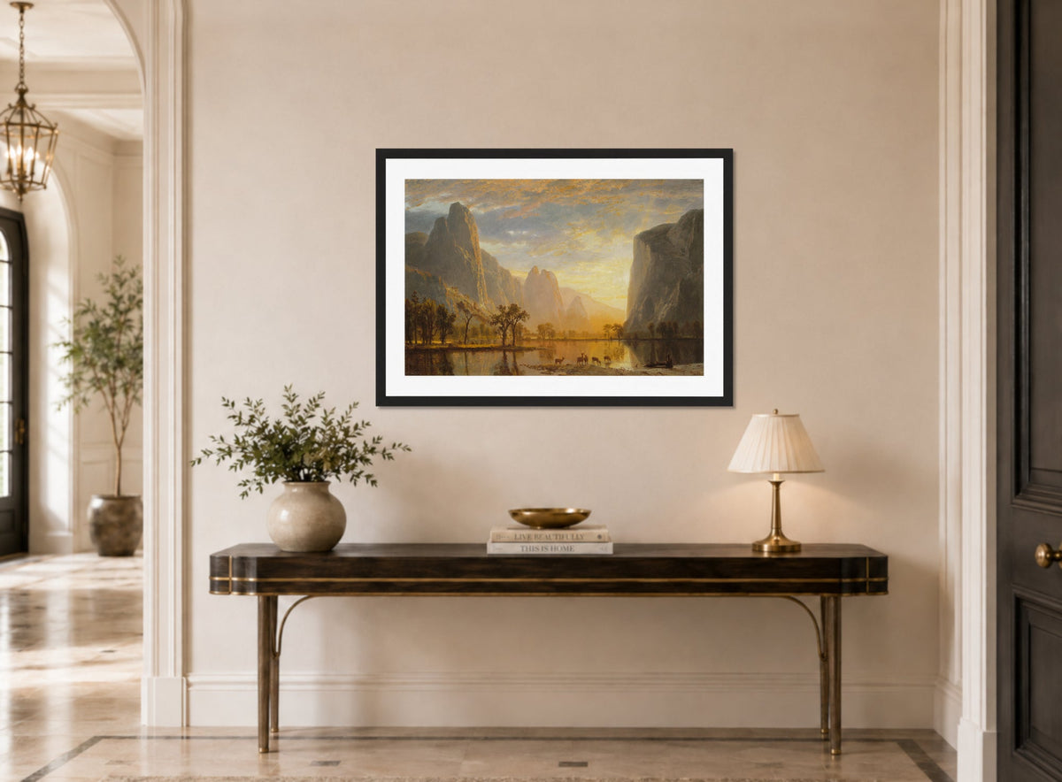 Albert Bierstadt Print, Valley of the Yosemite displayed above a console table