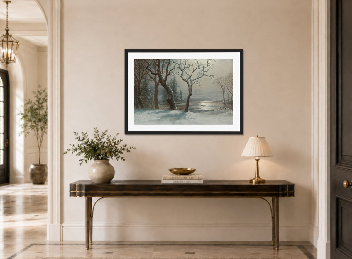 Albert Bierstadt Print, Winter In Yosemite displayed above a console table