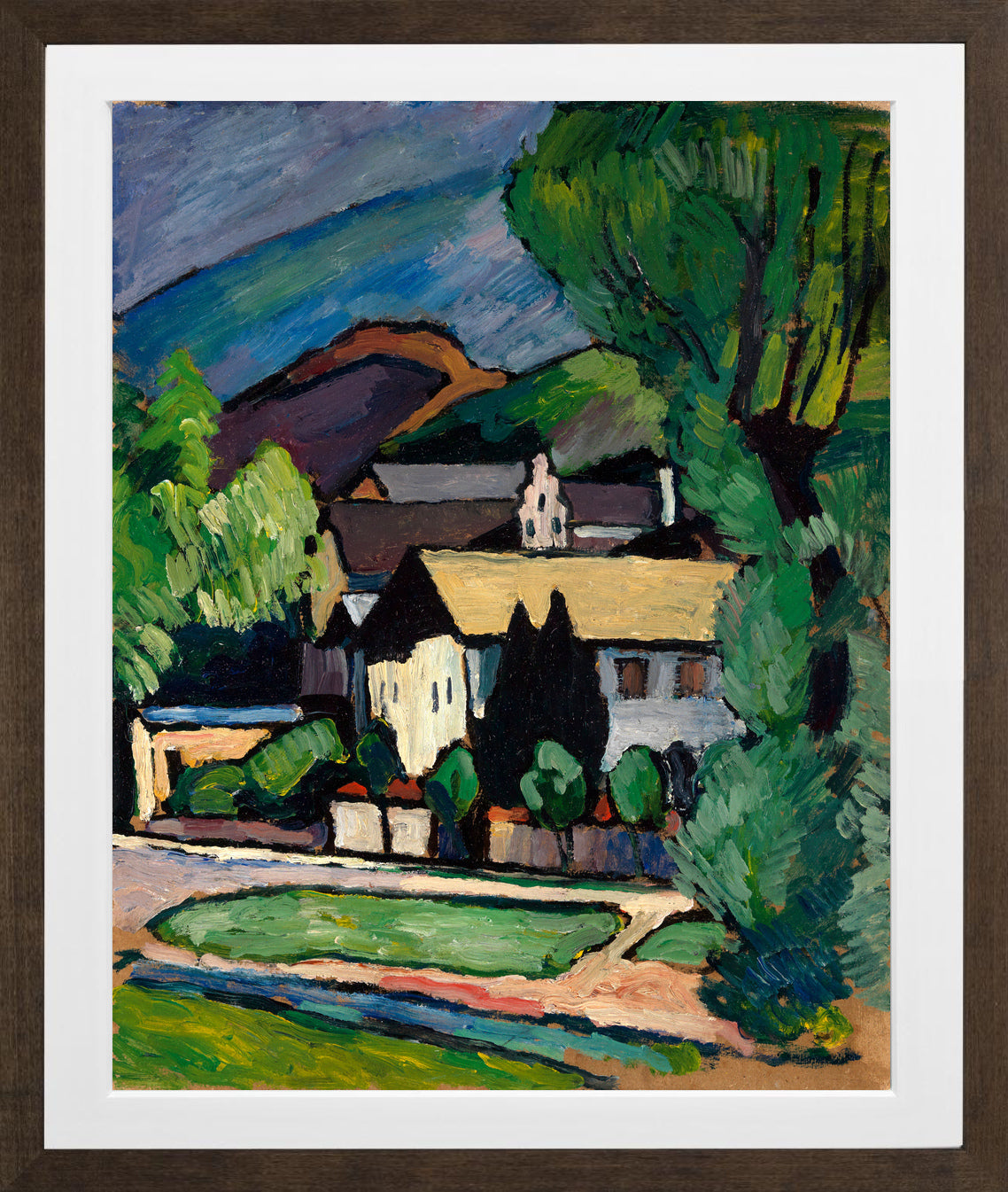 Bayerische DorfhΓ€user unter BΓ€umen (c. 1911) by Alexander Kanoldt β brown frame