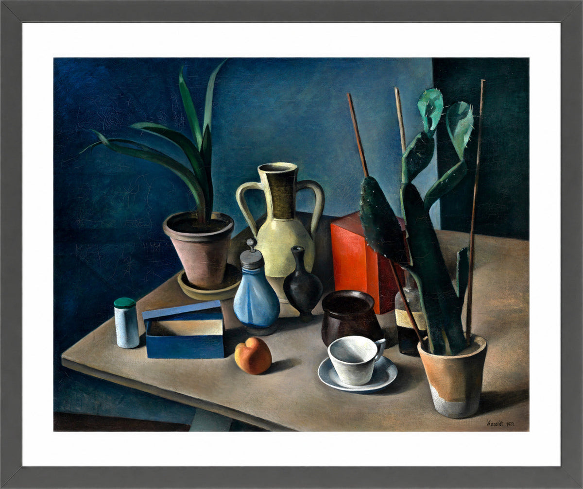 Grosses Stilleben mit KrΓΌgen und roter Teedose (1922) by Alexander Kanoldt β dark grey frame