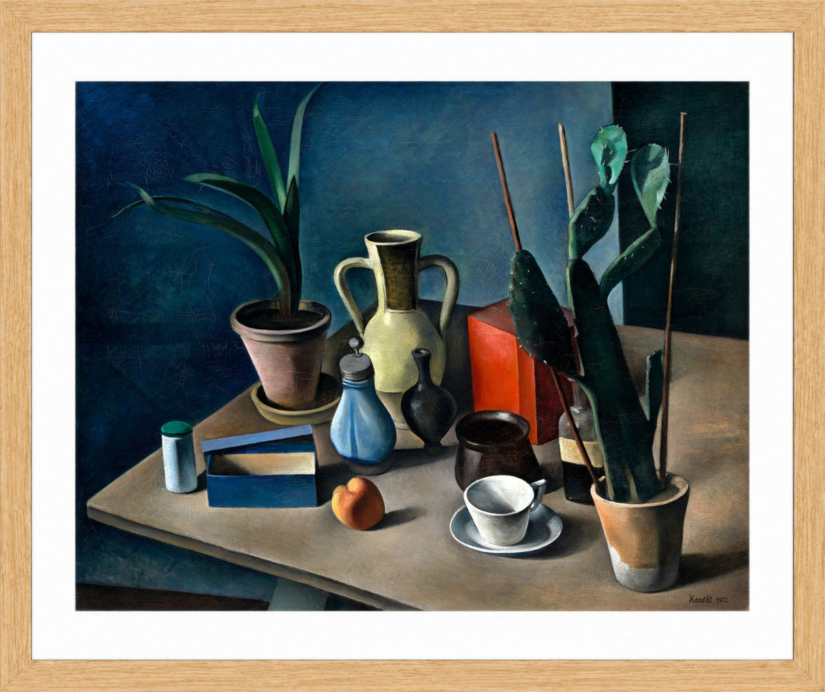 Grosses Stilleben mit KrΓΌgen und roter Teedose (1922) by Alexander Kanoldt β oak frame