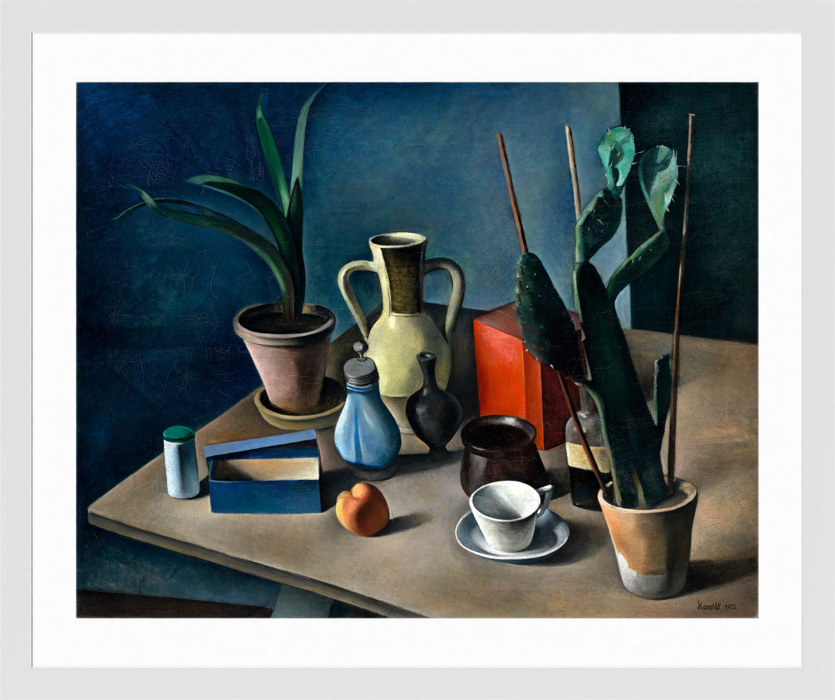 Grosses Stilleben mit KrΓΌgen und roter Teedose (1922) by Alexander Kanoldt β white frame