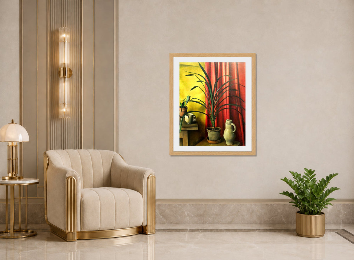 Still Life (1926) β Plant against Red Curtains by Alexander Kanoldt β art deco roomset