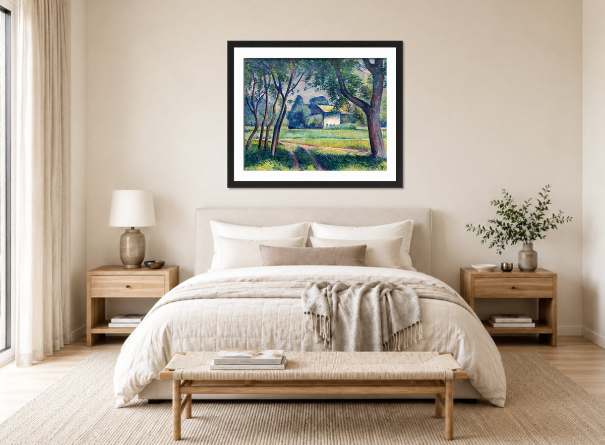 Wiesenlandschaft mit Gehöft (1921) by Alexander Kanoldt — bedroom