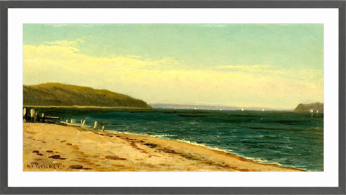 Alfred Thompson Bricher, Beach and Bay with Sailboats — dark grey frame