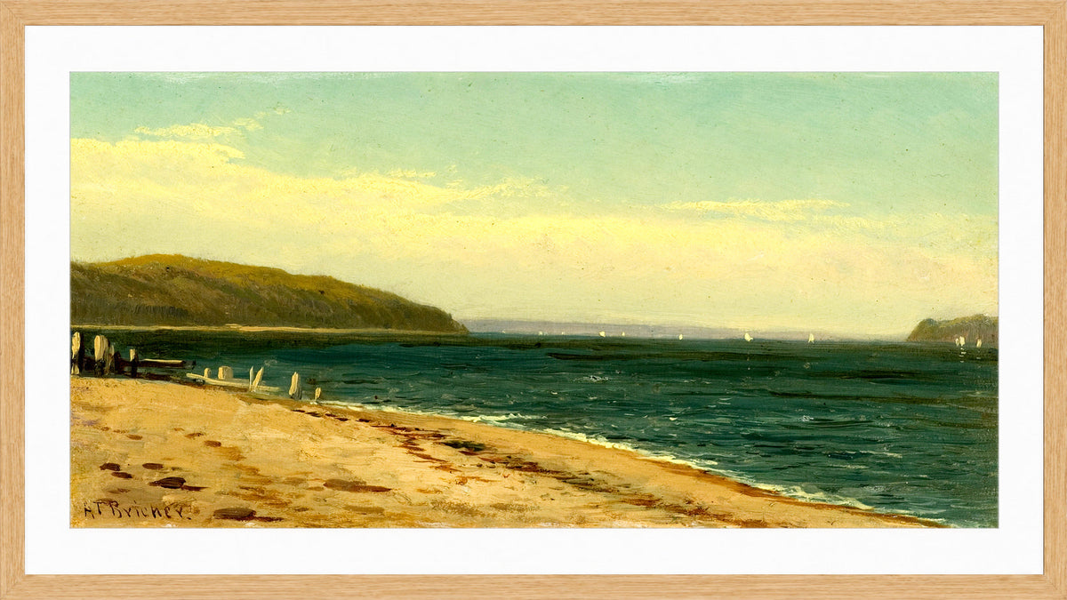 Alfred Thompson Bricher, Beach and Bay with Sailboats — oak frame
