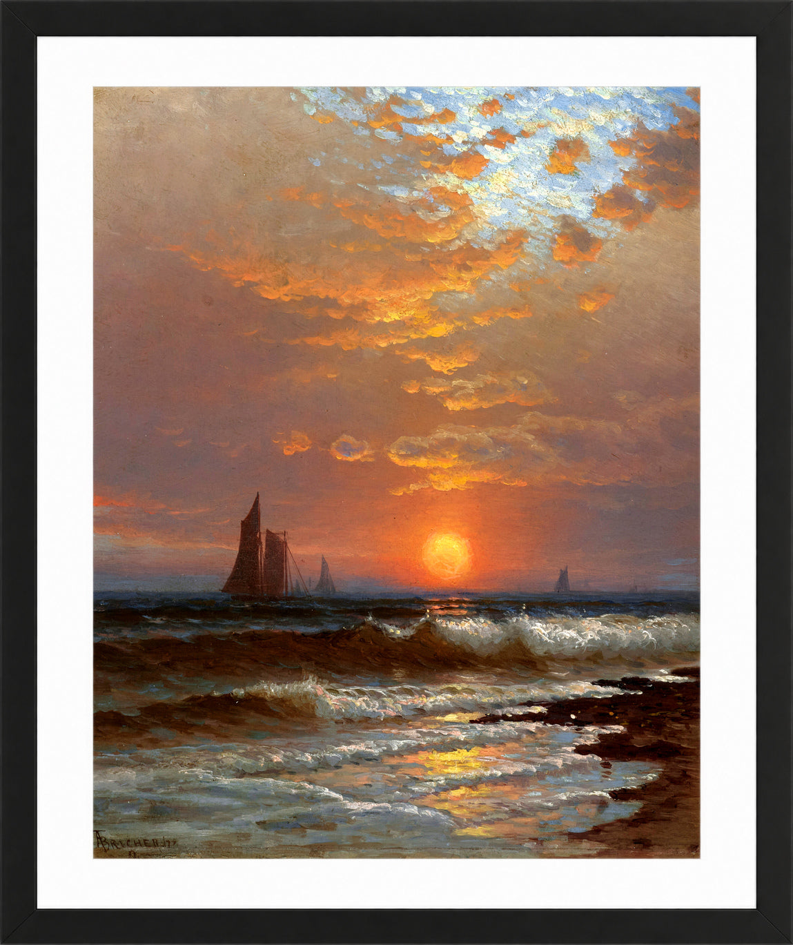 Alfred Thompson Bricher, Sailboats at Sunset — black frame