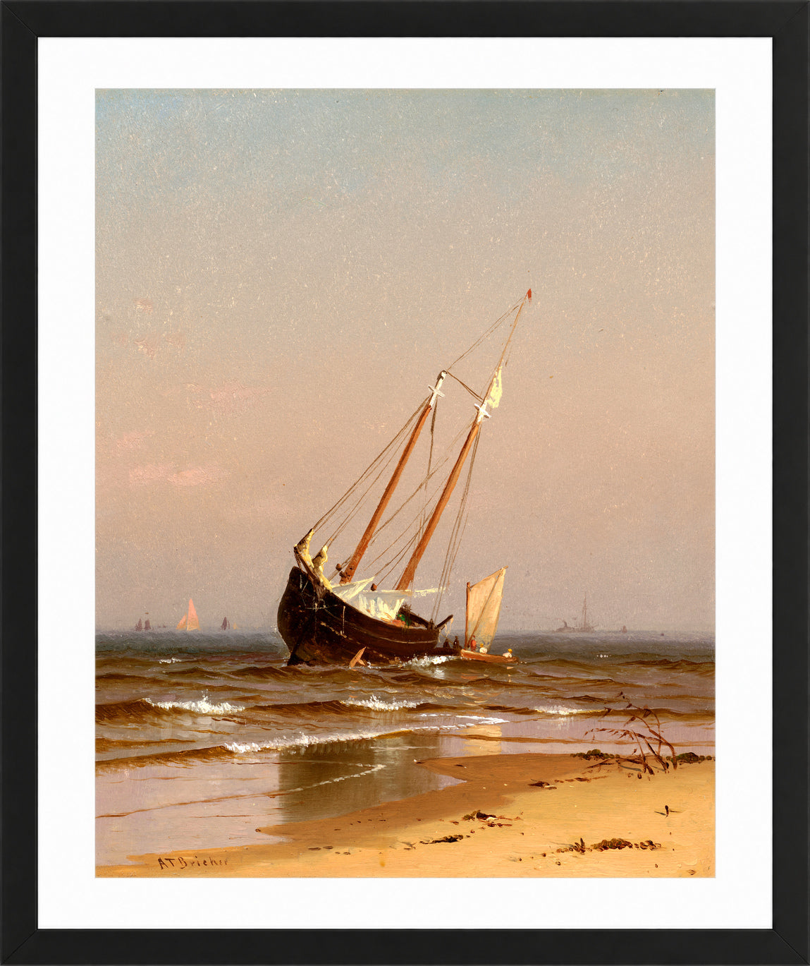 Alfred Thompson Bricher, Seascape, Beached Boat (Ashore on Salisbury Beach) (1872) — black frame