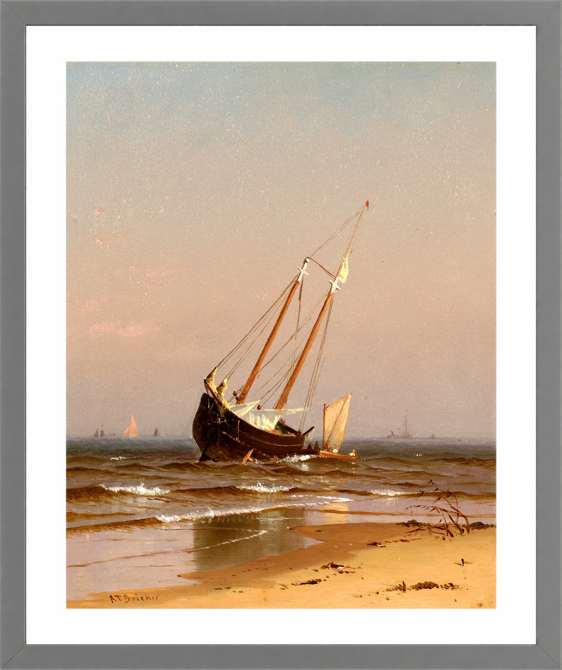 Alfred Thompson Bricher, Seascape, Beached Boat (Ashore on Salisbury Beach) (1872) — light grey frame