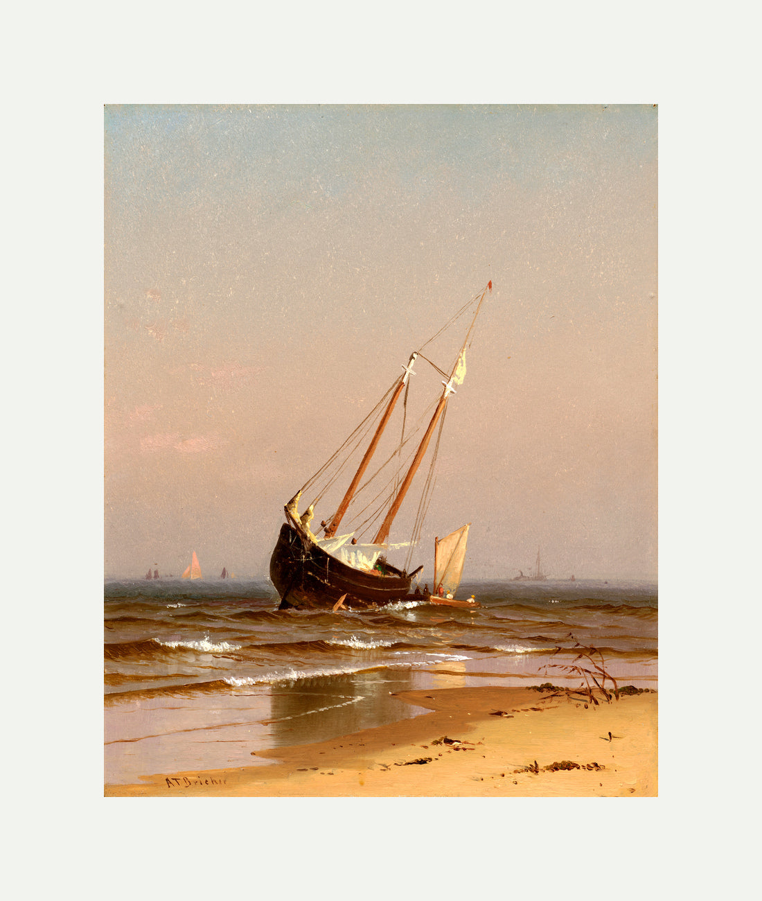 Alfred Thompson Bricher, Seascape, Beached Boat (Ashore on Salisbury Beach) (1872) — rolled canvas