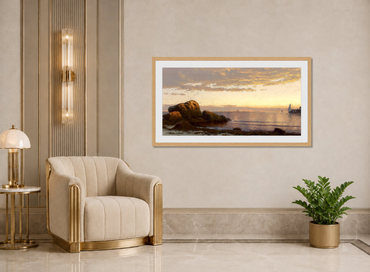 Alfred Thompson Bricher, Sunset on the Coast (1880) — art deco roomset