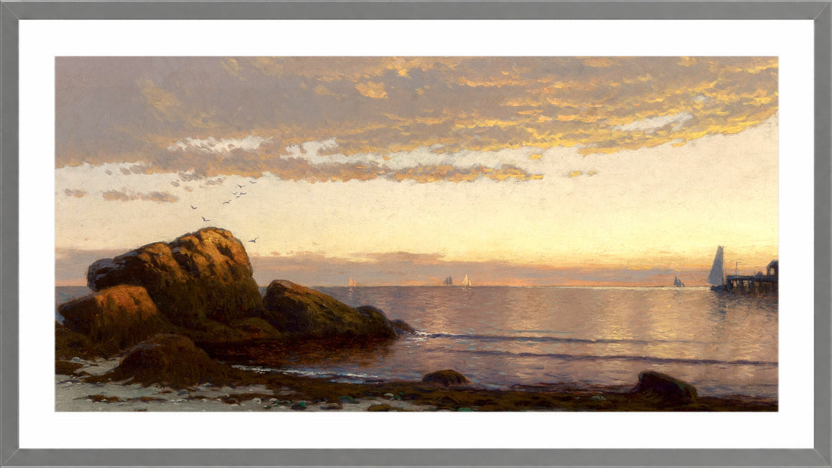 Alfred Thompson Bricher, Sunset on the Coast (1880) — light grey frame