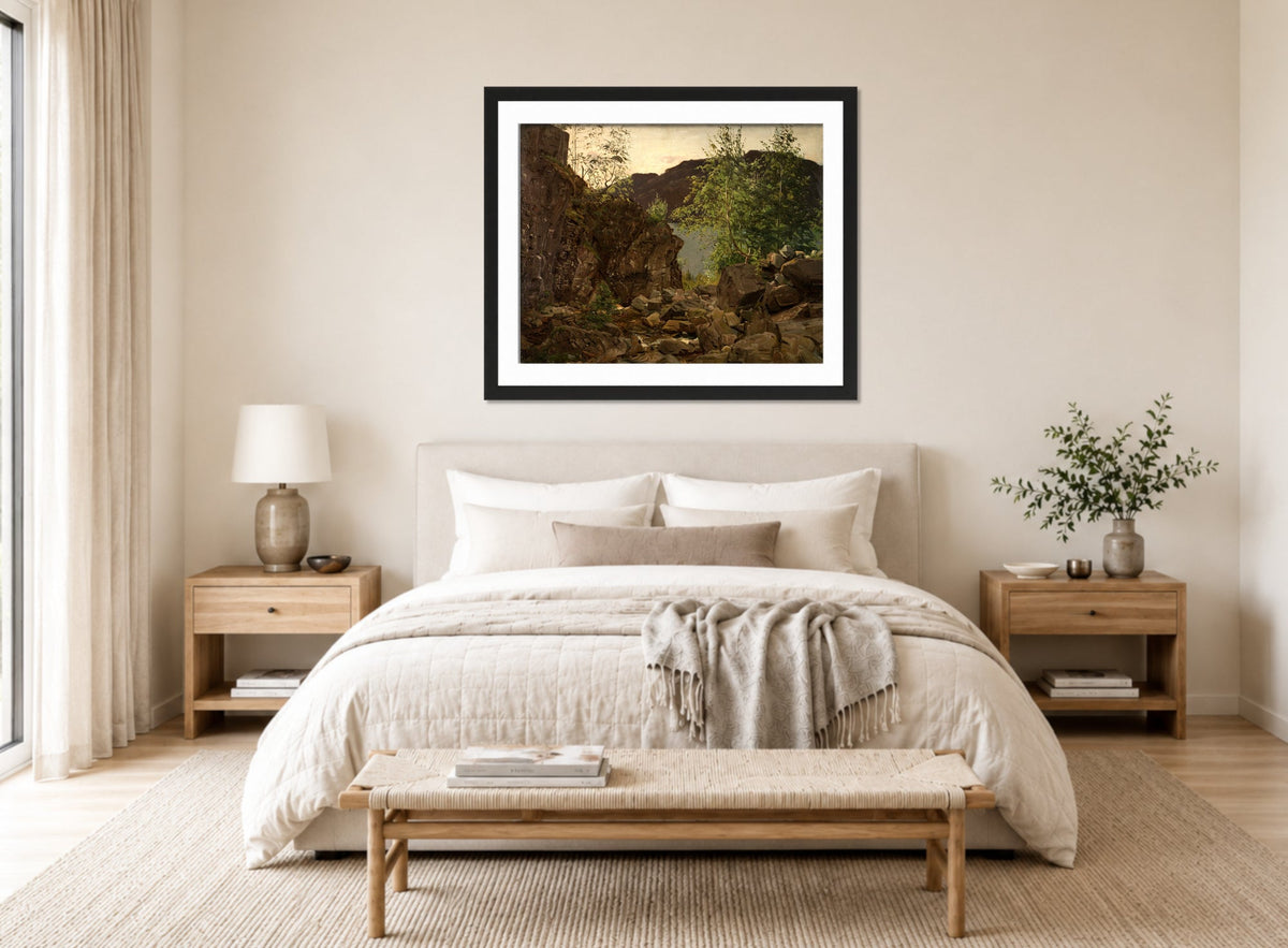Amaldus Nielsen Print, Aarhus, Suldal, Ryfylke (1864) displayed above a bed