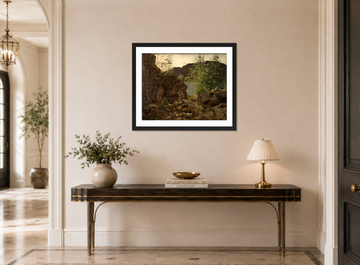Amaldus Nielsen Print, Aarhus, Suldal, Ryfylke (1864) displayed above a console table