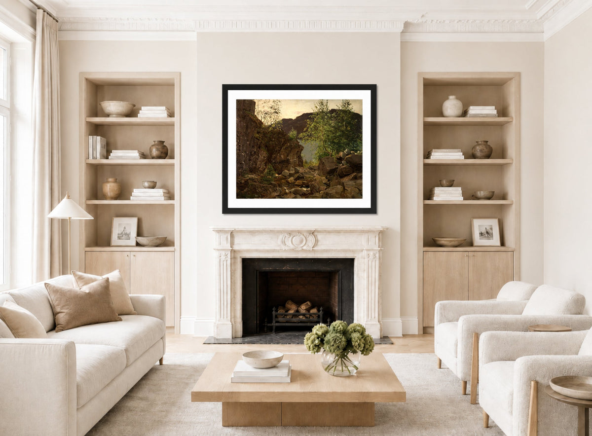Amaldus Nielsen Print, Aarhus, Suldal, Ryfylke (1864) displayed in a Scandinavian living room