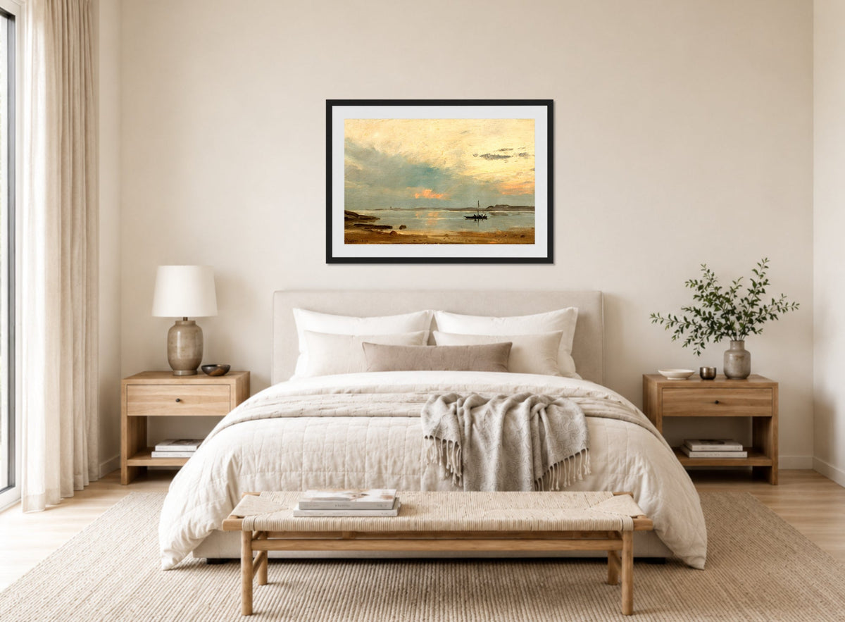 Amaldus Nielsen Print, Aften, Arisholmen (1874) displayed above a bed