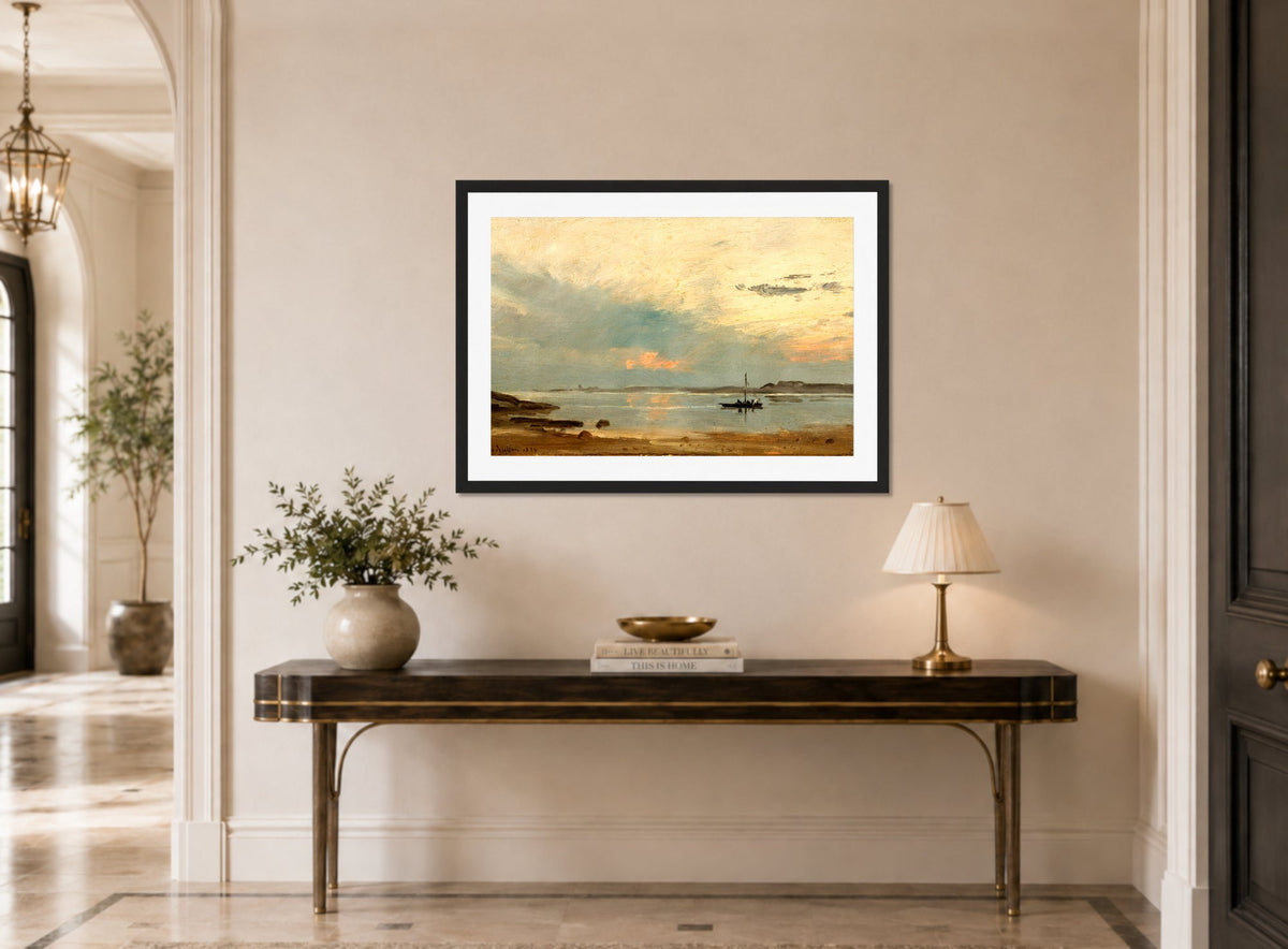 Amaldus Nielsen Print, Aften, Arisholmen (1874) displayed above a console table