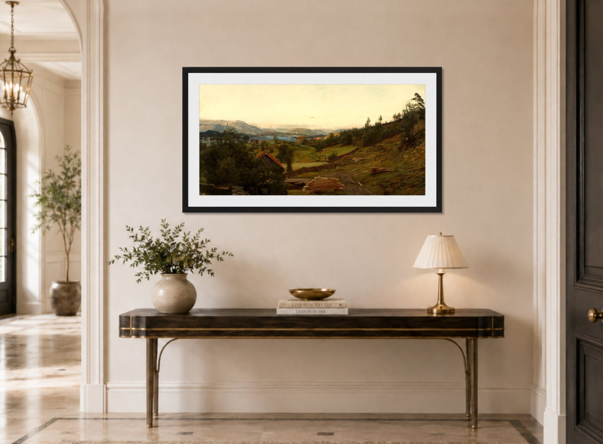 Amaldus Nielsen Print, Aften, Stord (1890) displayed above a console table