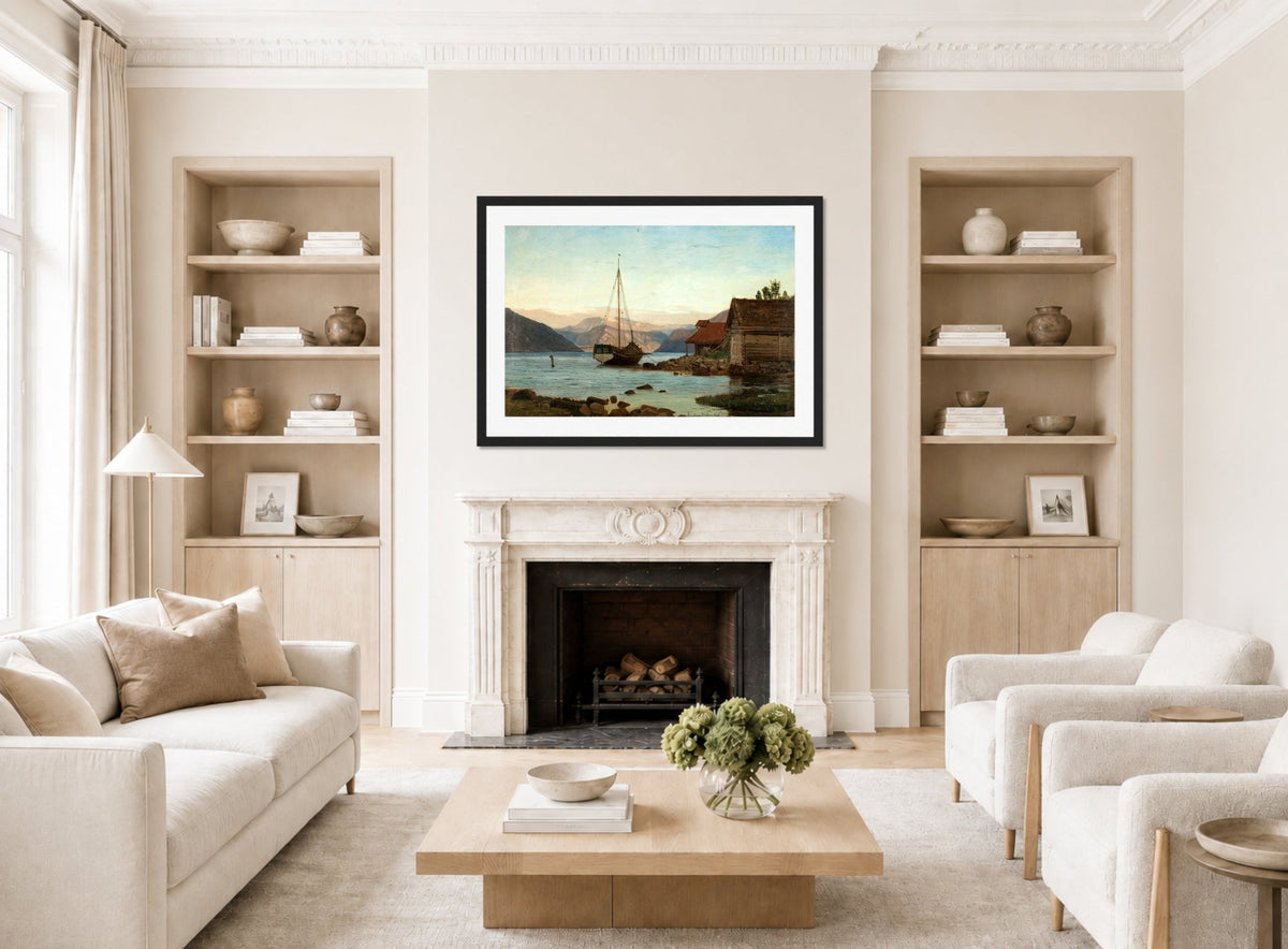 Amaldus Nielsen Print, Aften ved Balestrand (1866) displayed in a Scandinavian living room