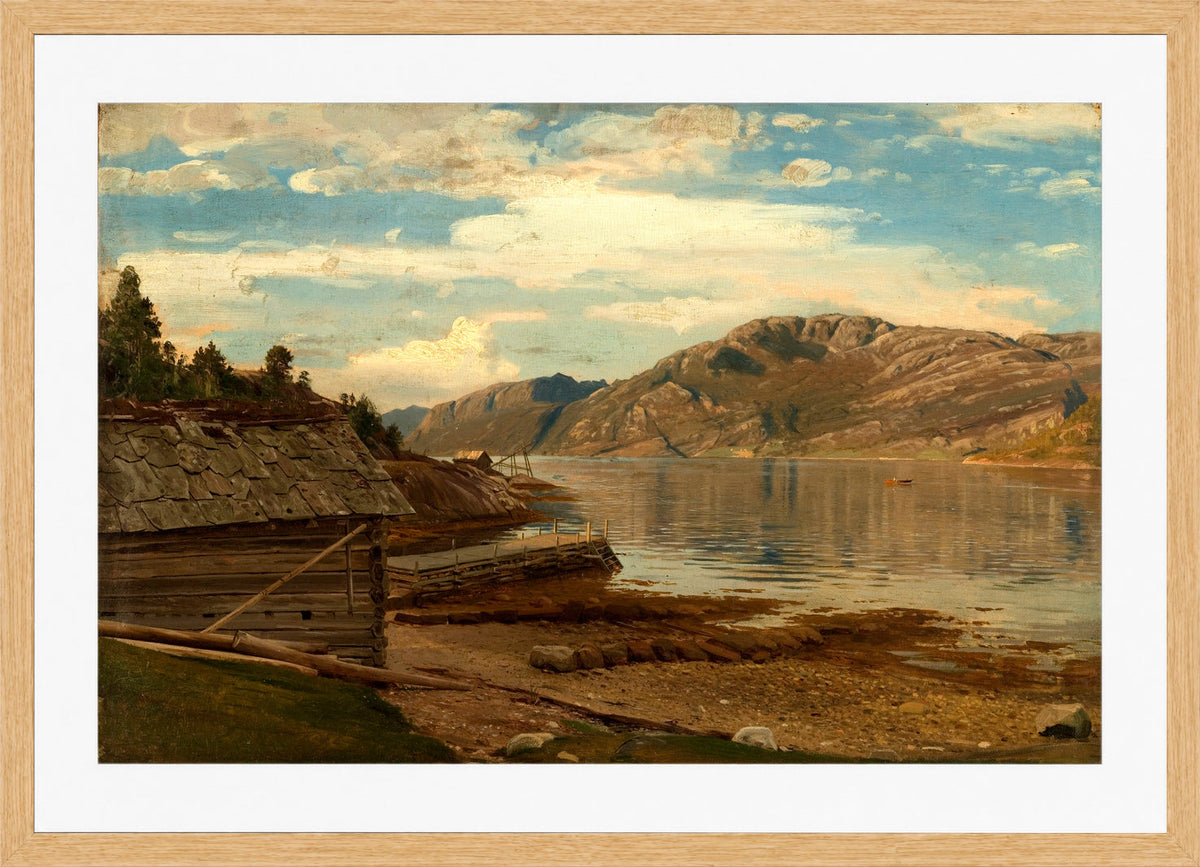 Amaldus Nielsen Print, Aften ved Ænes, Kvinnherred (1865) in a light oak frame