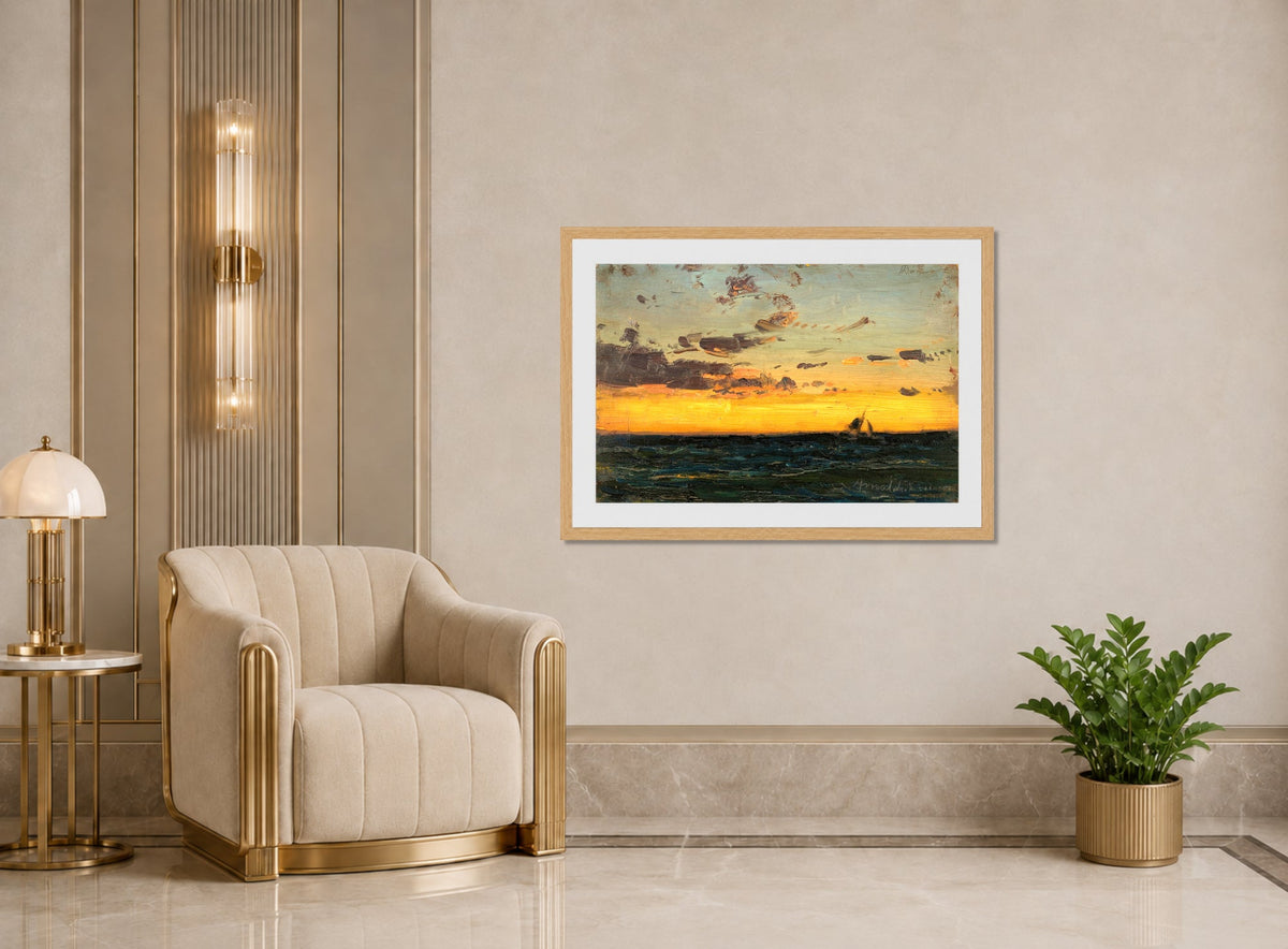Amaldus Nielsen Print, Aftenhimmel (1900) displayed in an Art Deco interior