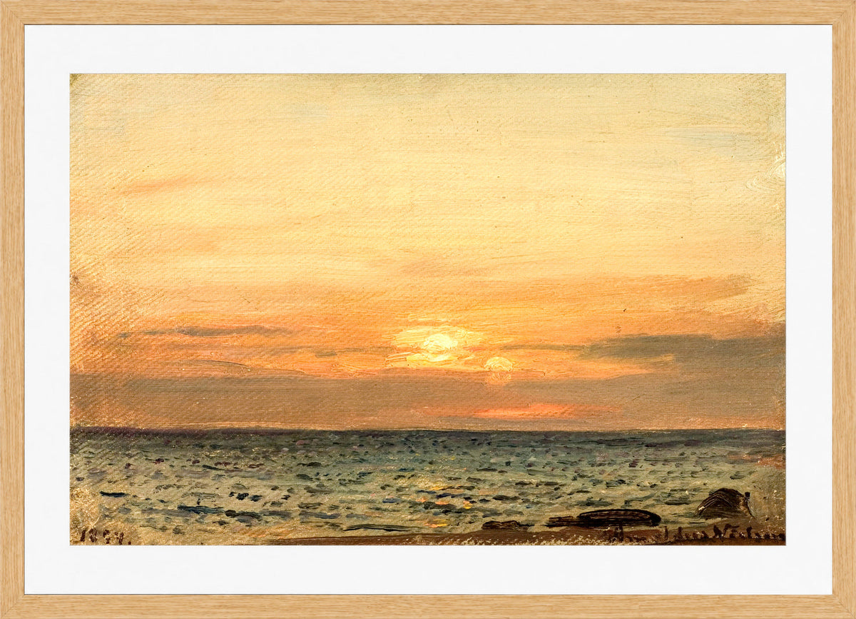 Amaldus Nielsen Print, Aftenstemning (1894) in a light oak frame