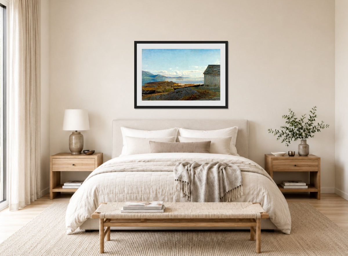 Amaldus Nielsen Print, Approach to Hardanger, Ølve (1863) displayed above a bed