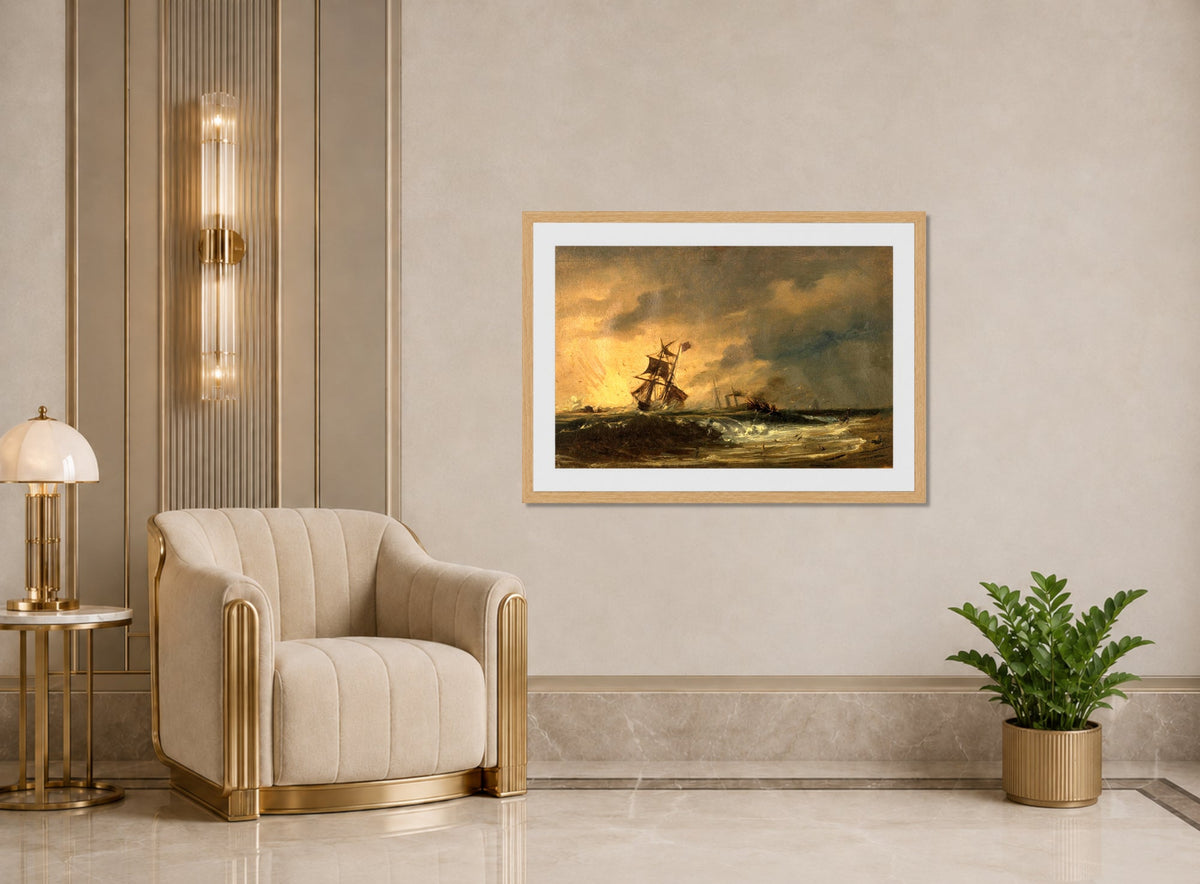 Amaldus Nielsen Print, Den første komposisjon (1859) displayed in an Art Deco interior