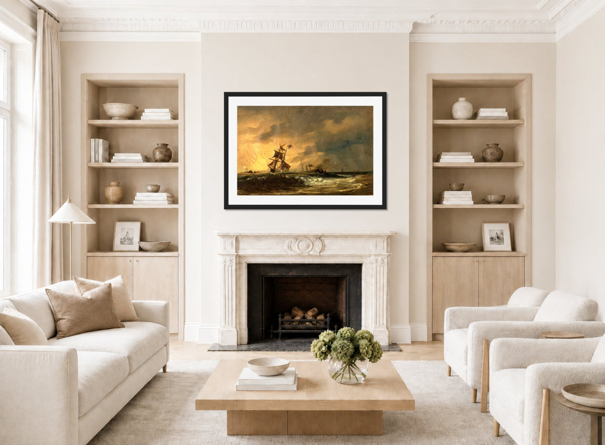 Amaldus Nielsen Print, Den første komposisjon (1859) displayed in a Scandinavian living room