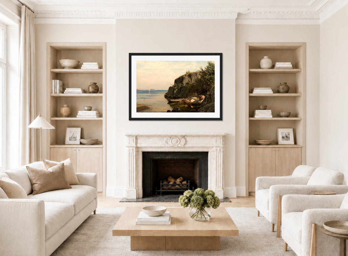 Amaldus Nielsen Print, En holme (1895) displayed in a Scandinavian living room