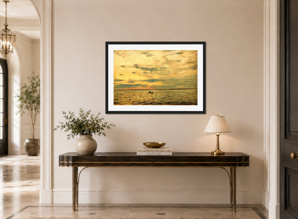 Amaldus Nielsen Print, Etter solnedgang (1889) displayed above a console table