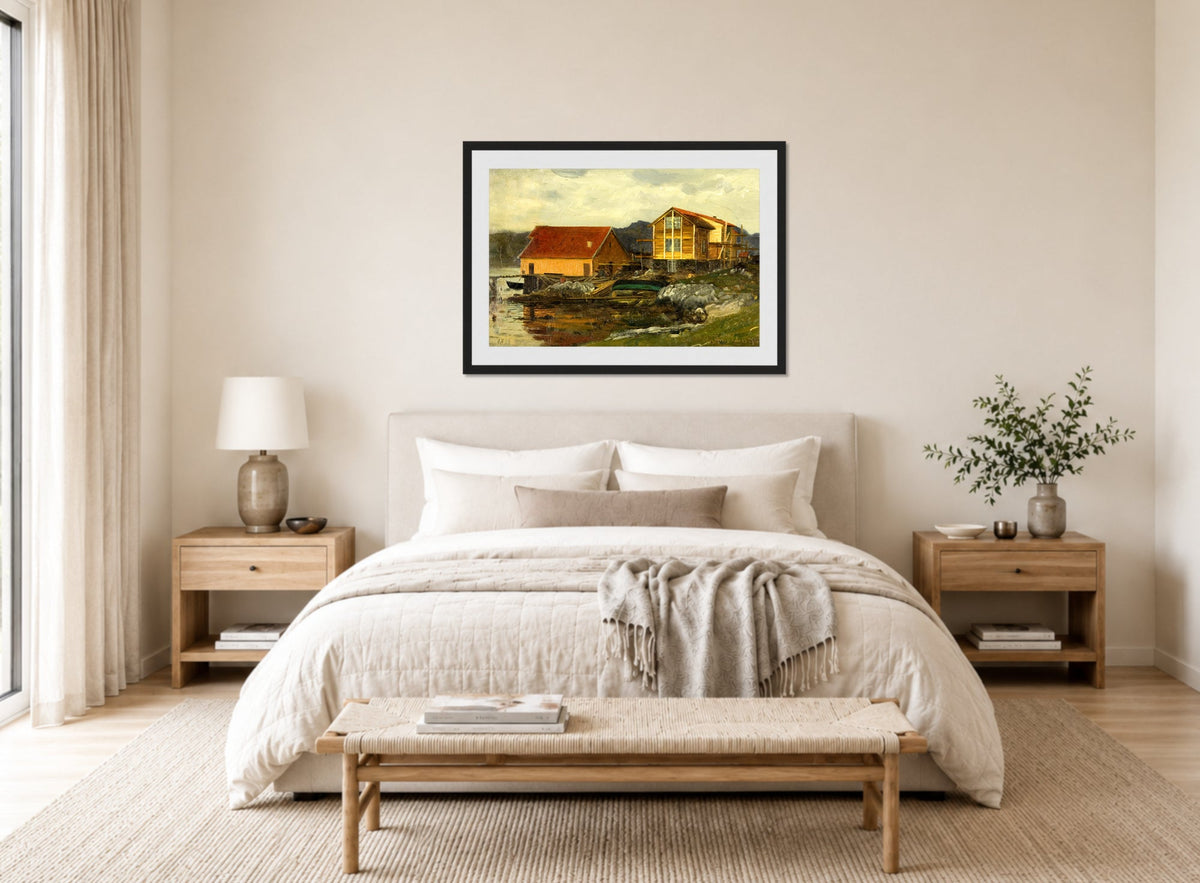 Amaldus Nielsen Print, Etter øsregn (1869) displayed above a bed