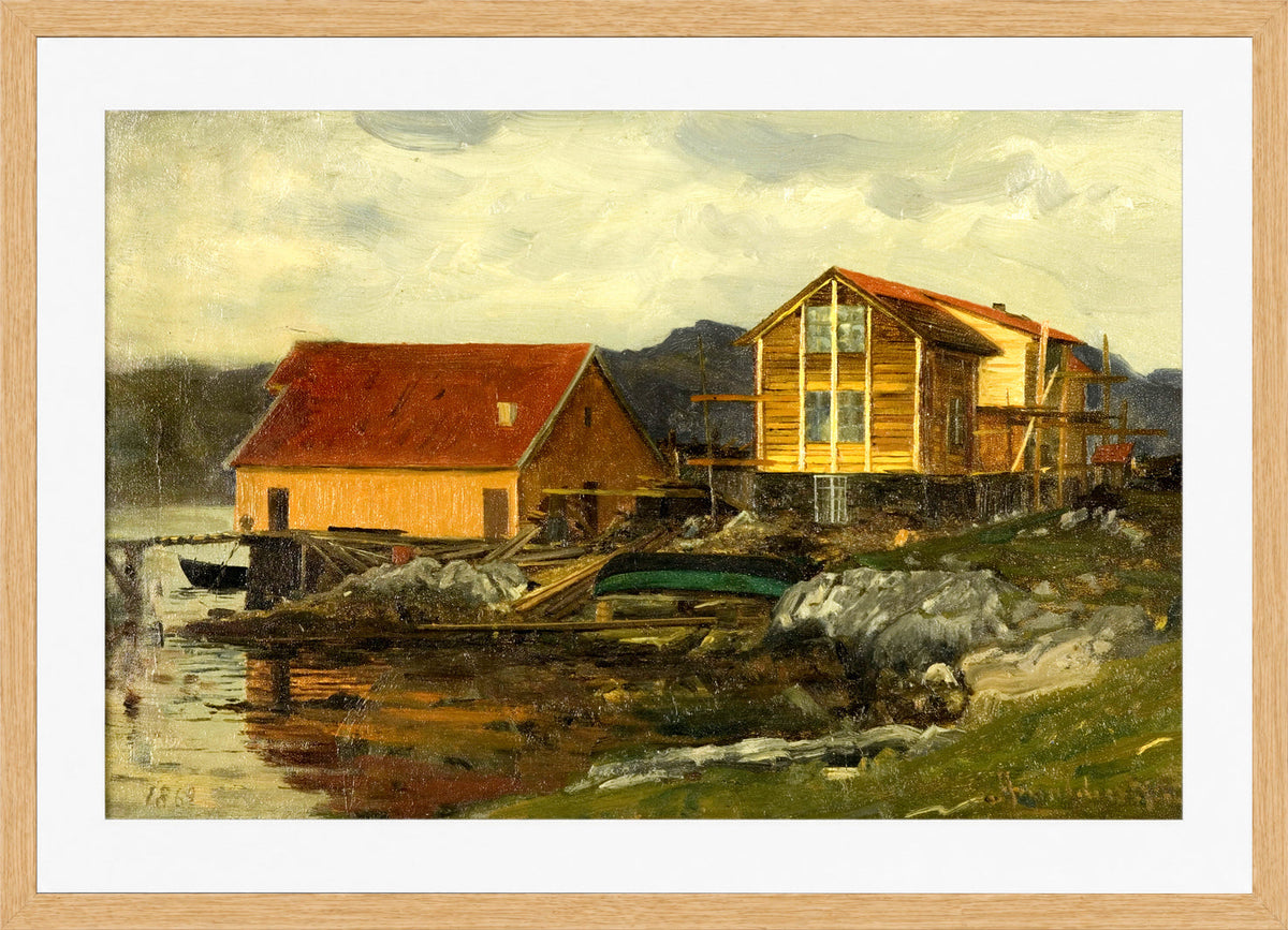 Amaldus Nielsen Print, Etter øsregn (1869) in a light oak frame