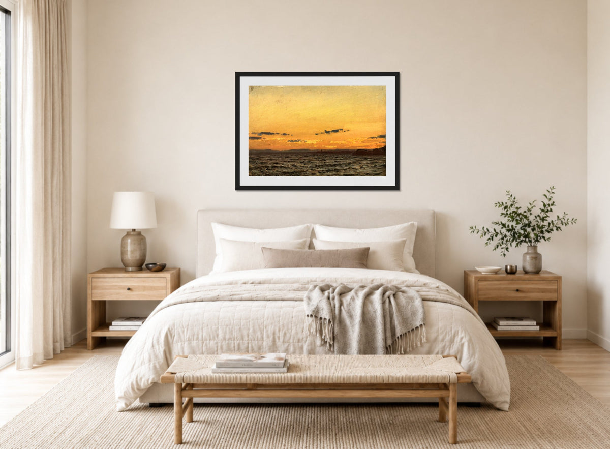 Amaldus Nielsen Print, Før storm, Hvaler (1896) displayed above a bed