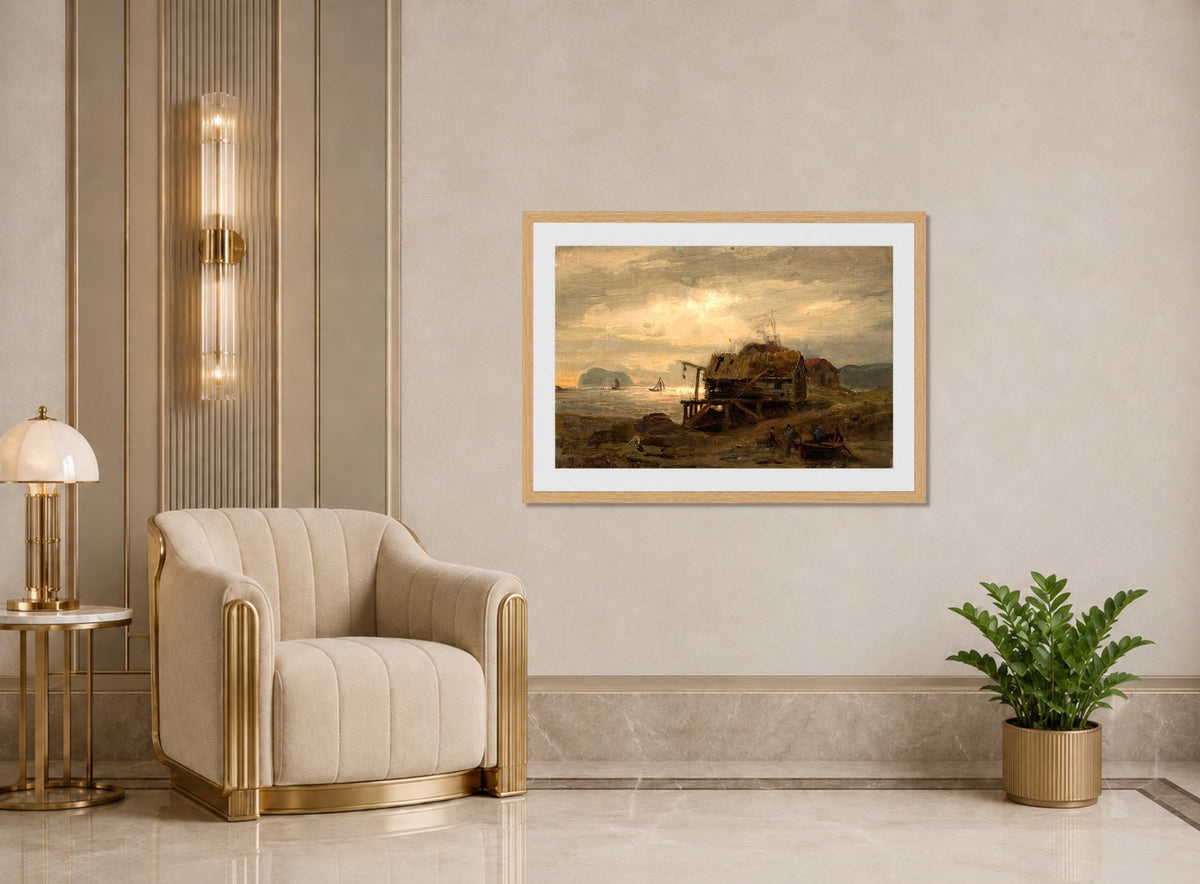 Amaldus Nielsen Print, Fiskerhytter, Kinn (1868) displayed in an Art Deco interior