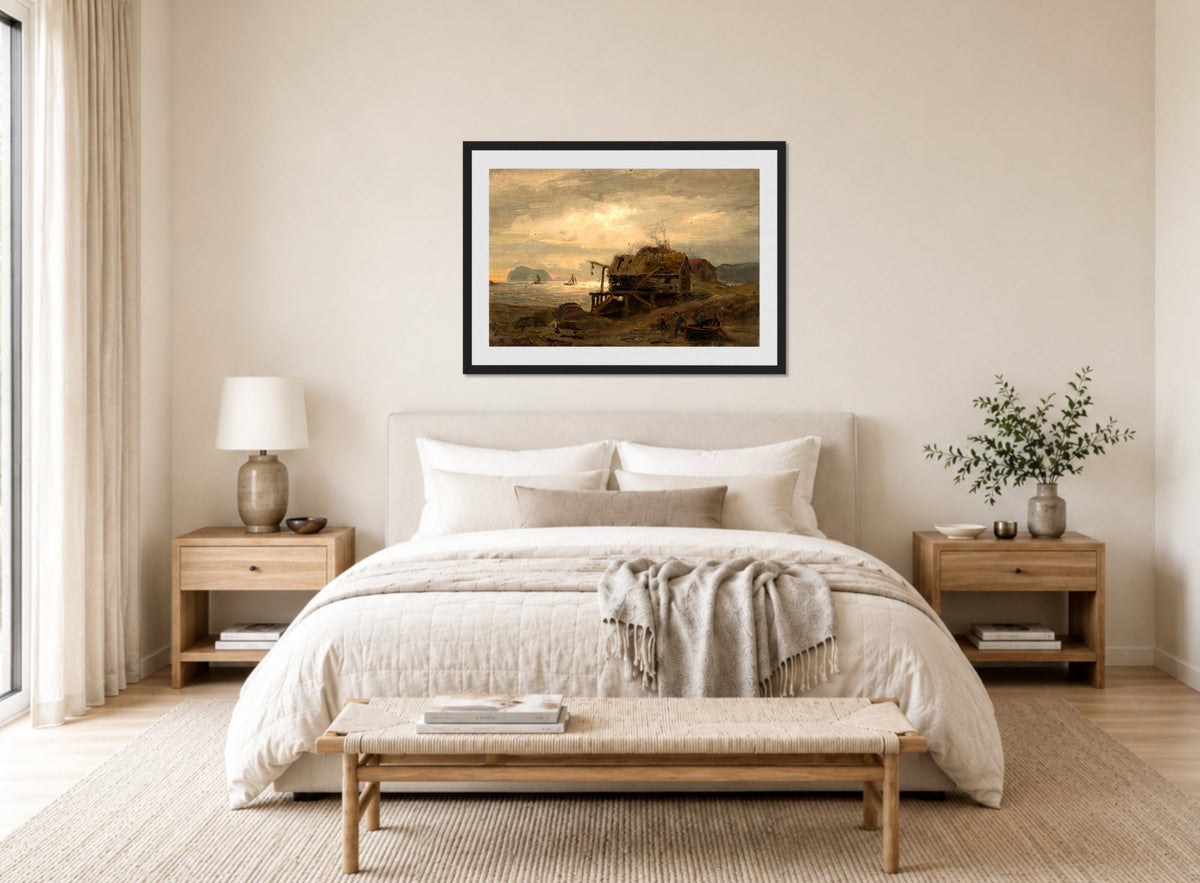Amaldus Nielsen Print, Fiskerhytter, Kinn (1868) displayed above a bed