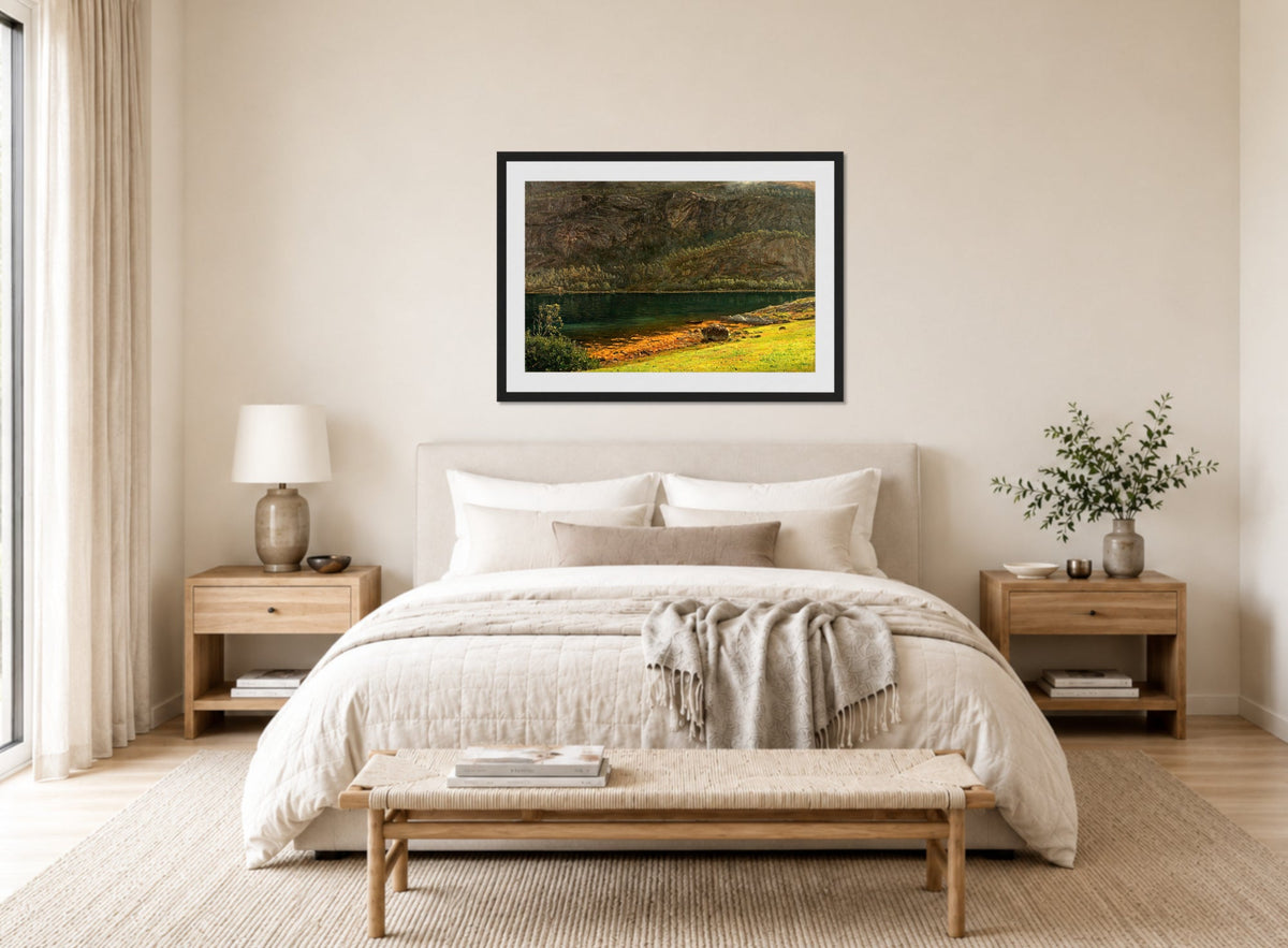 Amaldus Nielsen Print, Fjellvegg,Terøen (1897) displayed above a bed