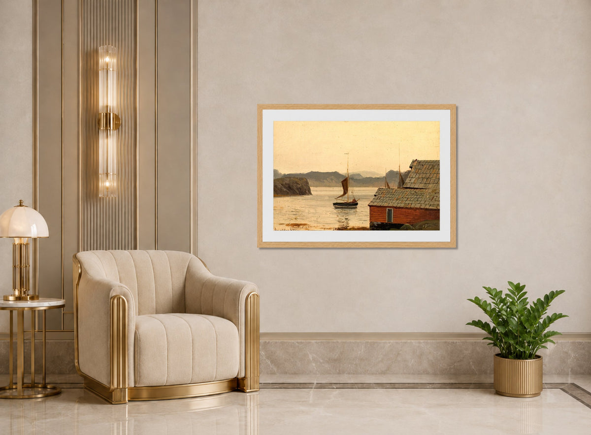 Amaldus Nielsen Print, Fjordstudie displayed in an Art Deco interior