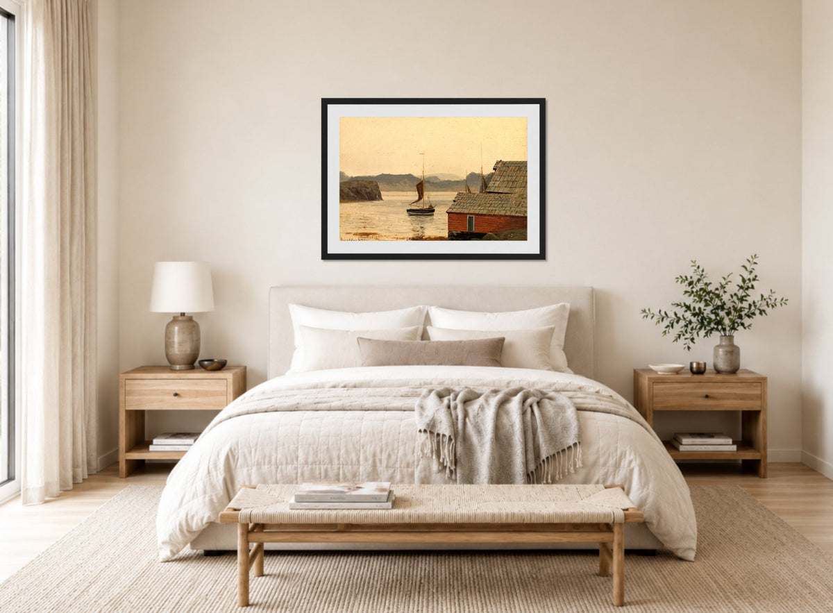 Amaldus Nielsen Print, Fjordstudie displayed above a bed