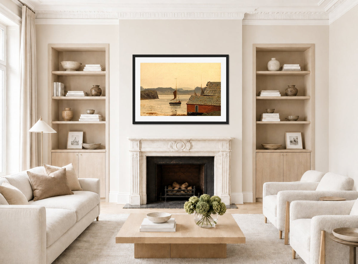 Amaldus Nielsen Print, Fjordstudie displayed in a Scandinavian living room