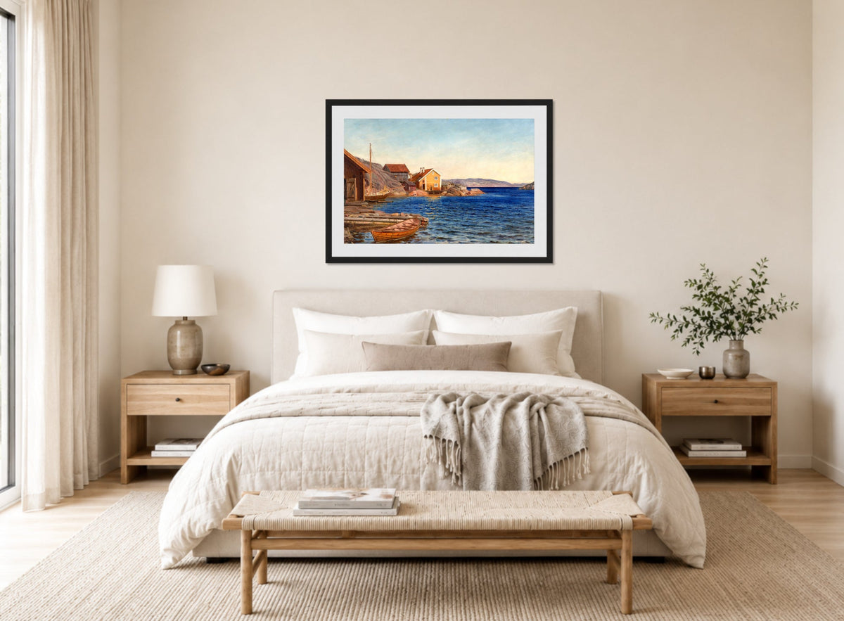 Amaldus Nielsen Print, Formiddag i Ny-Hellesund (1891) displayed above a bed