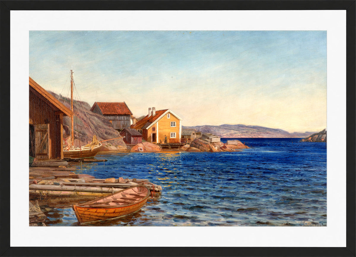Amaldus Nielsen Print, Formiddag i Ny-Hellesund (1891) in a black frame