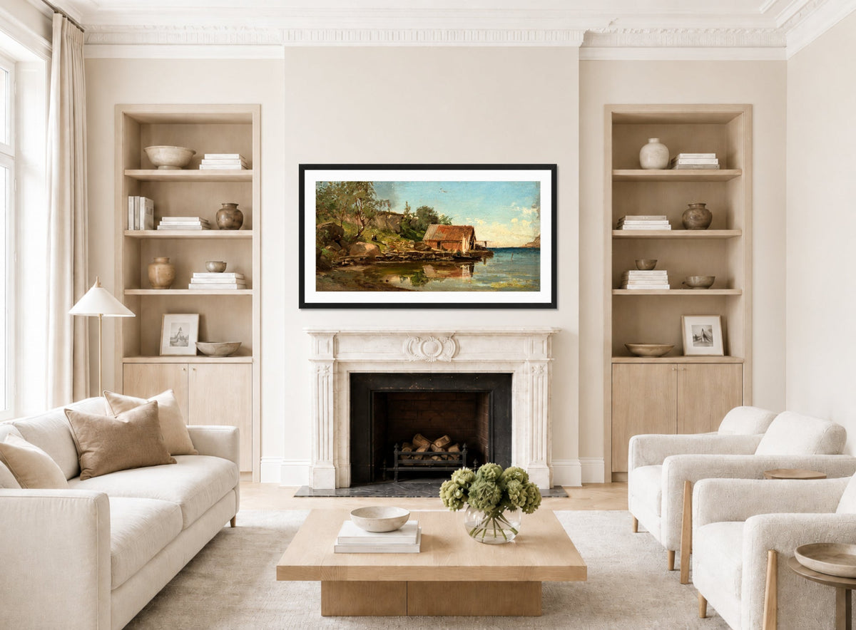 Amaldus Nielsen Print, Fra Aaviken (1858) displayed in a Scandinavian living room