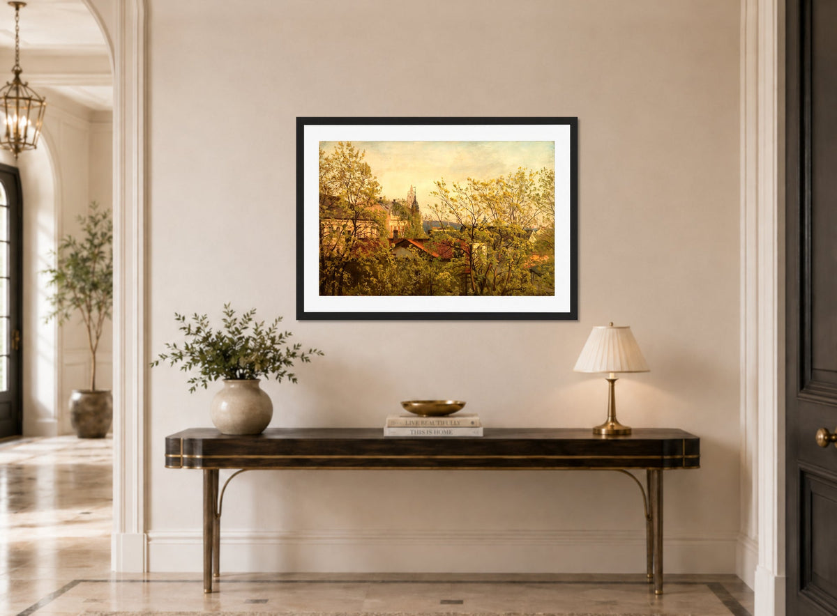 Amaldus Nielsen Print, Fra ateliervinduet i mai, Majorstuveien 8 (1913) displayed above a console table