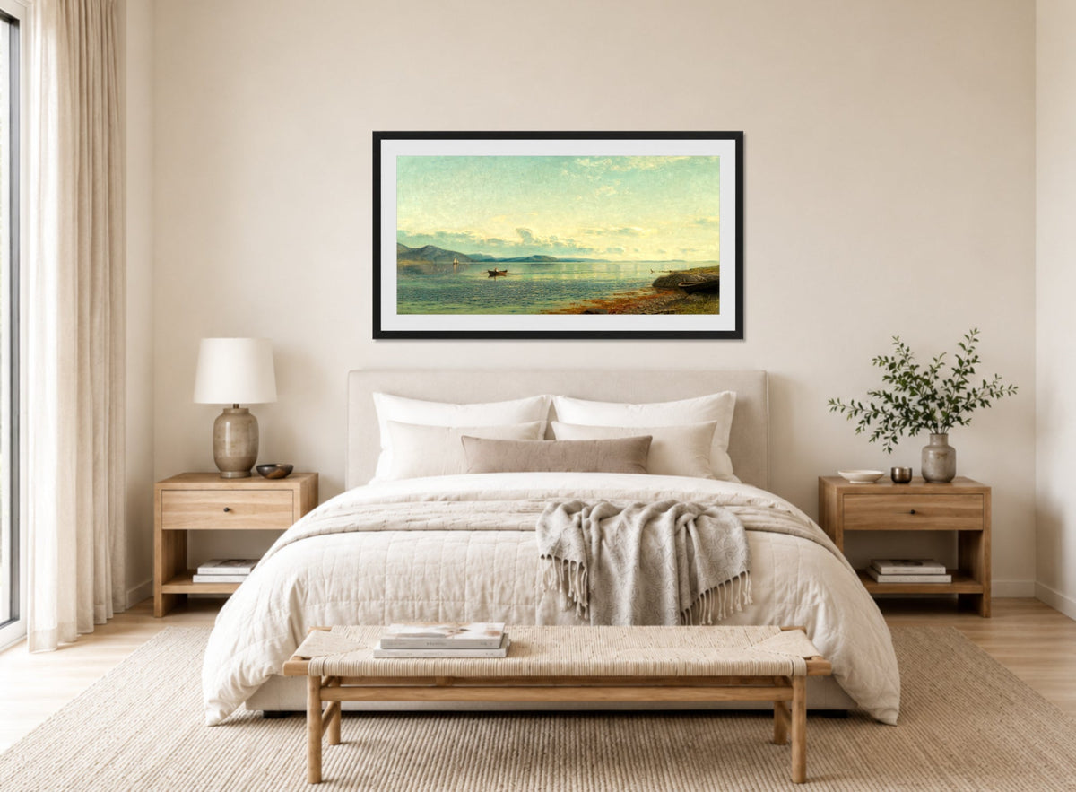 Amaldus Nielsen Print, Fra Bømmelfjord (1924) displayed above a bed