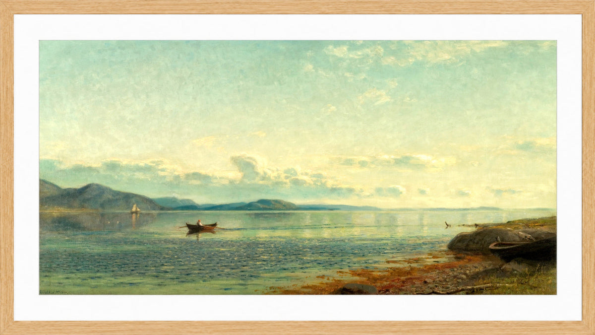 Amaldus Nielsen Print, Fra Bømmelfjord (1924) in a light oak frame