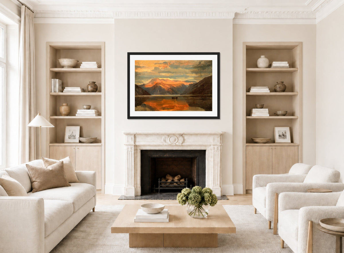 Amaldus Nielsen Print, Fra Balestrand (1865) displayed in a Scandinavian living room